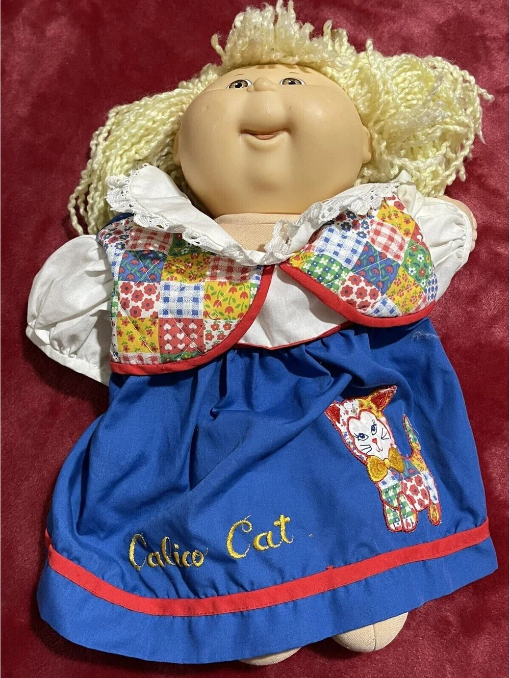 Vtg Cabbage Patch Kids / Doll “calico Cat Dress “ Blonde Hair  Blue Eyes CPK